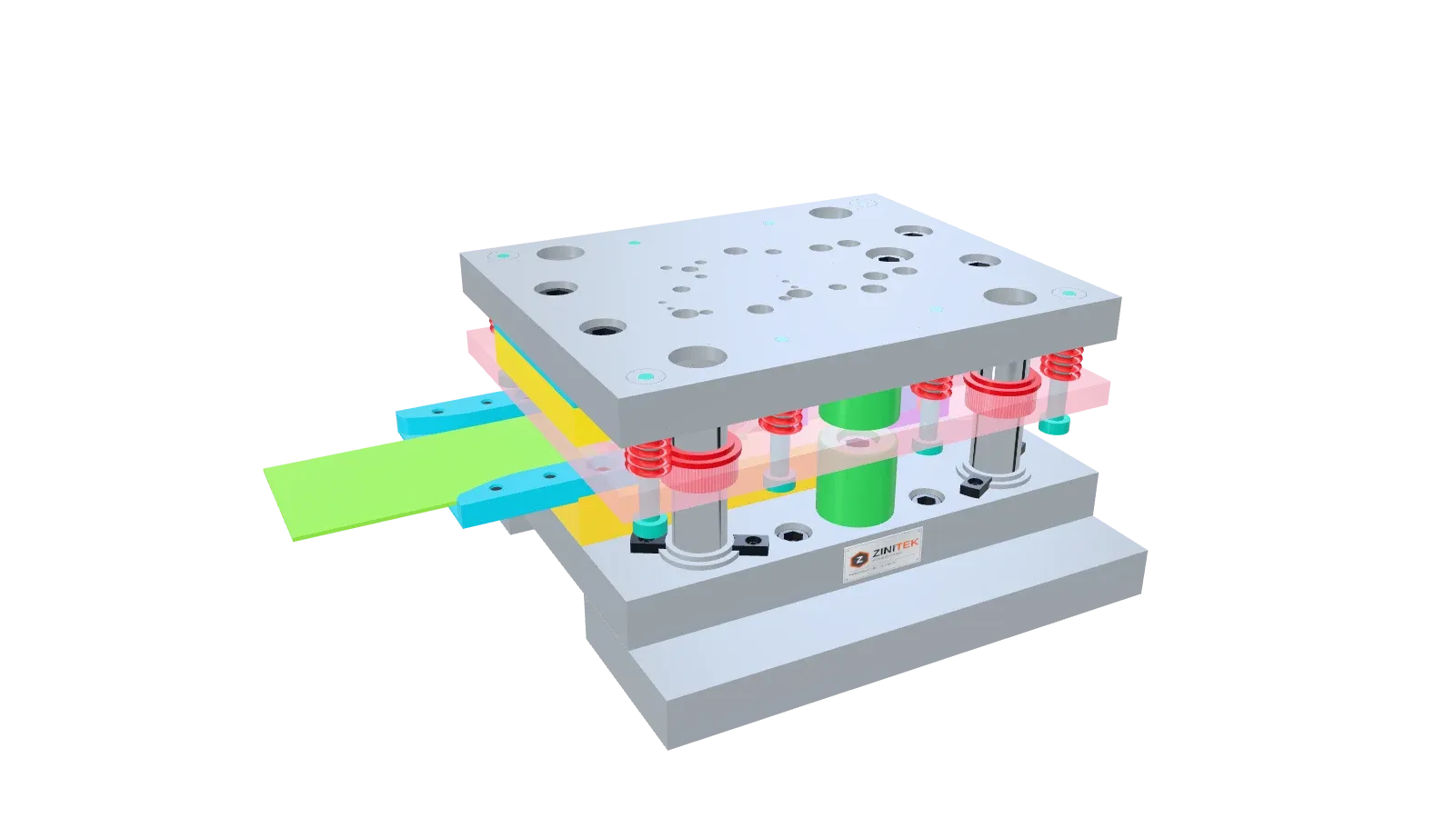 3 mm料厚冲孔·折弯·切断6工位级进模(一模两件)的3D模型