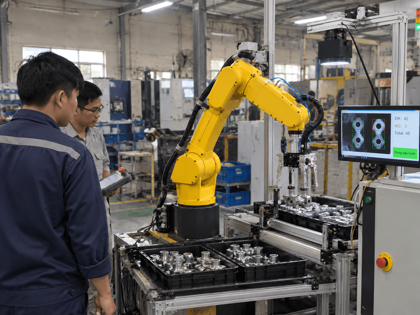 Giải pháp tích hợp Robot 6 trục và PLC Mitsubishi cho nhà máy thông minh.
